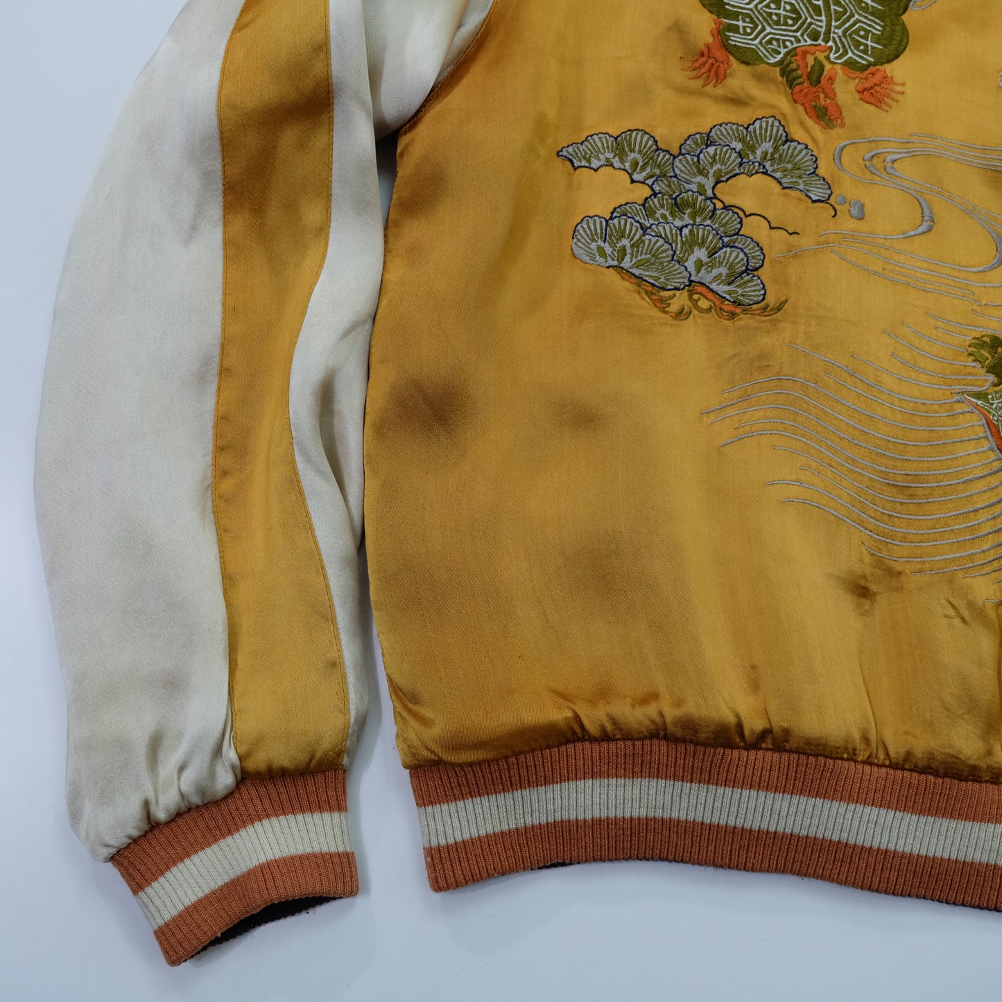 Vintage Japanese Reversible Sukajan Jacket | Golden Minogame Turtle Pine Water Embroidery × Brocade Landscape Souvenir Bomber | Size S