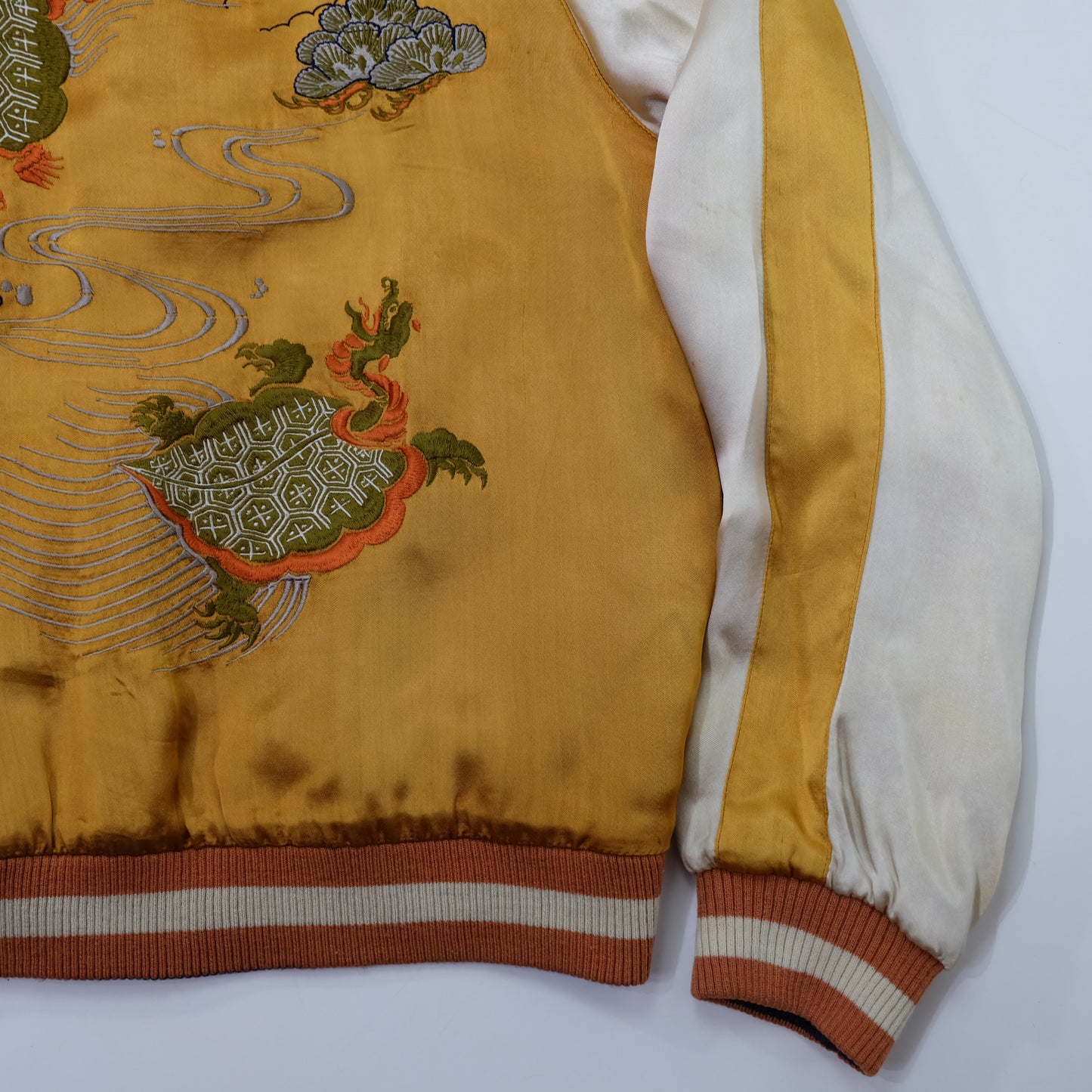 Vintage Japanese Reversible Sukajan Jacket | Golden Minogame Turtle Pine Water Embroidery × Brocade Landscape Souvenir Bomber | Size S