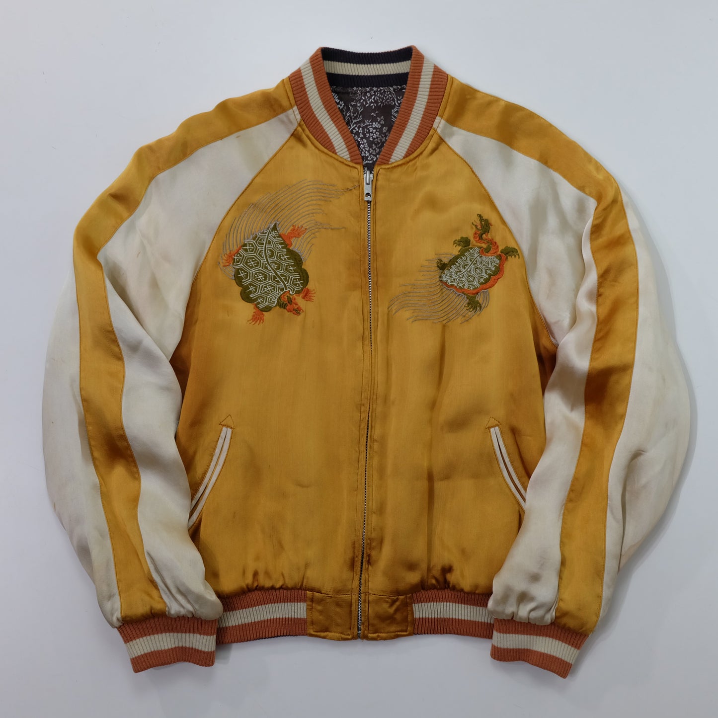 Vintage Japanese Reversible Sukajan Jacket | Golden Minogame Turtle Pine Water Embroidery × Brocade Landscape Souvenir Bomber | Size S
