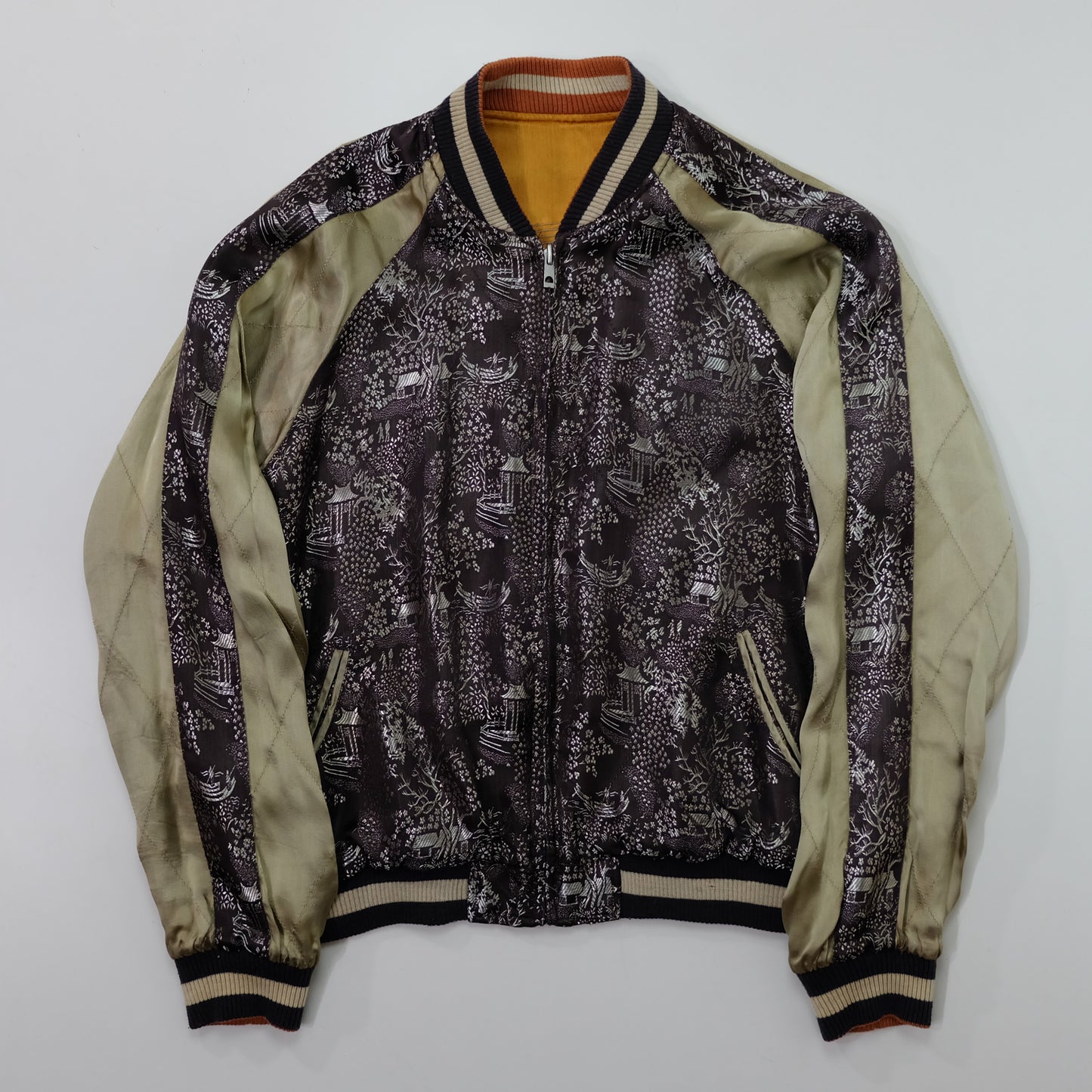 Vintage Japanese Reversible Sukajan Jacket | Golden Minogame Turtle Pine Water Embroidery × Brocade Landscape Souvenir Bomber | Size S