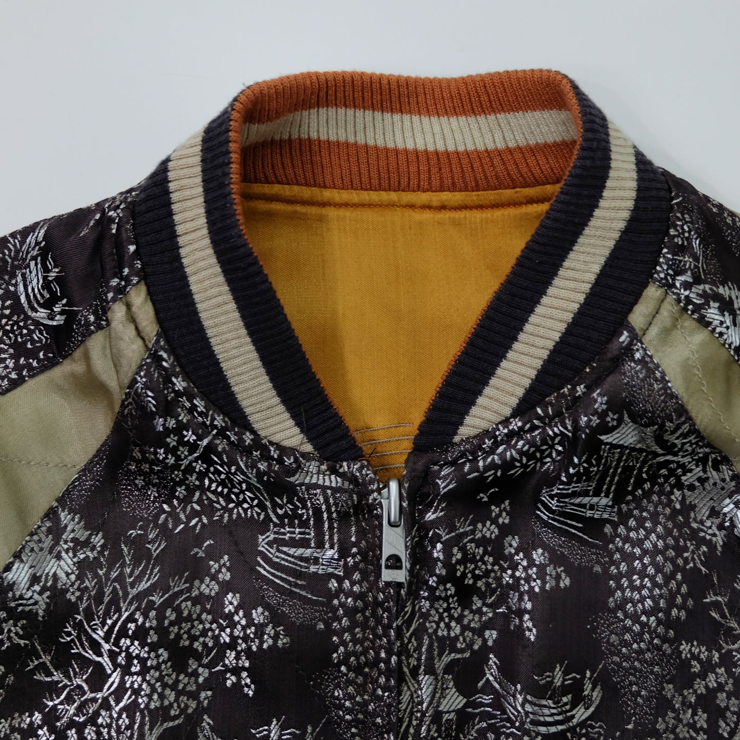 Vintage Japanese Reversible Sukajan Jacket | Golden Minogame Turtle Pine Water Embroidery × Brocade Landscape Souvenir Bomber | Size S