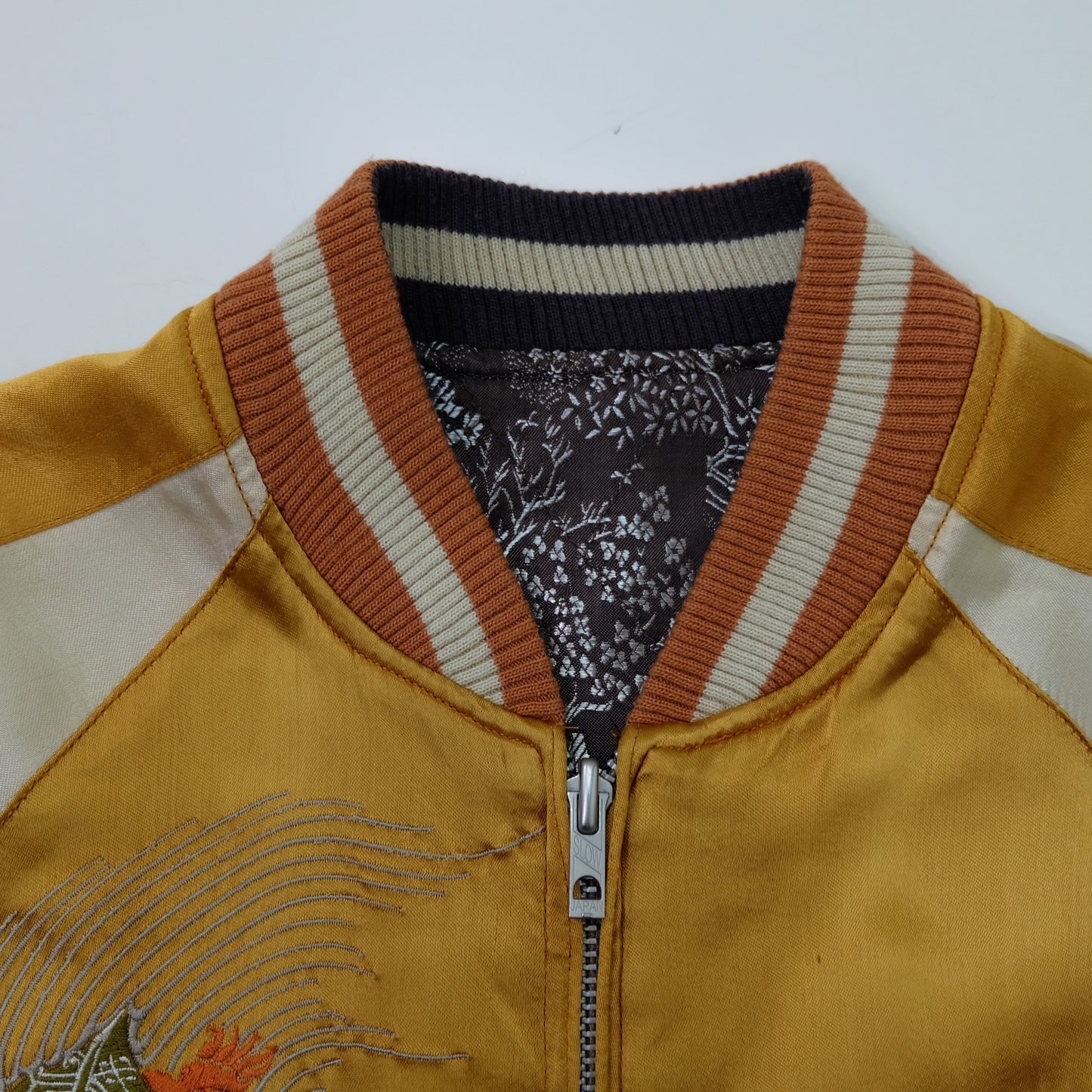 Vintage Japanese Reversible Sukajan Jacket | Golden Minogame Turtle Pine Water Embroidery × Brocade Landscape Souvenir Bomber | Size S