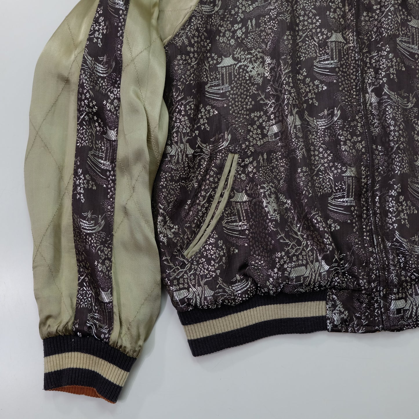 Vintage Japanese Reversible Sukajan Jacket | Golden Minogame Turtle Pine Water Embroidery × Brocade Landscape Souvenir Bomber | Size S