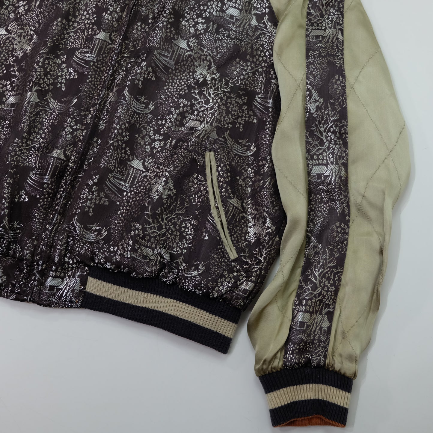 Vintage Japanese Reversible Sukajan Jacket | Golden Minogame Turtle Pine Water Embroidery × Brocade Landscape Souvenir Bomber | Size S