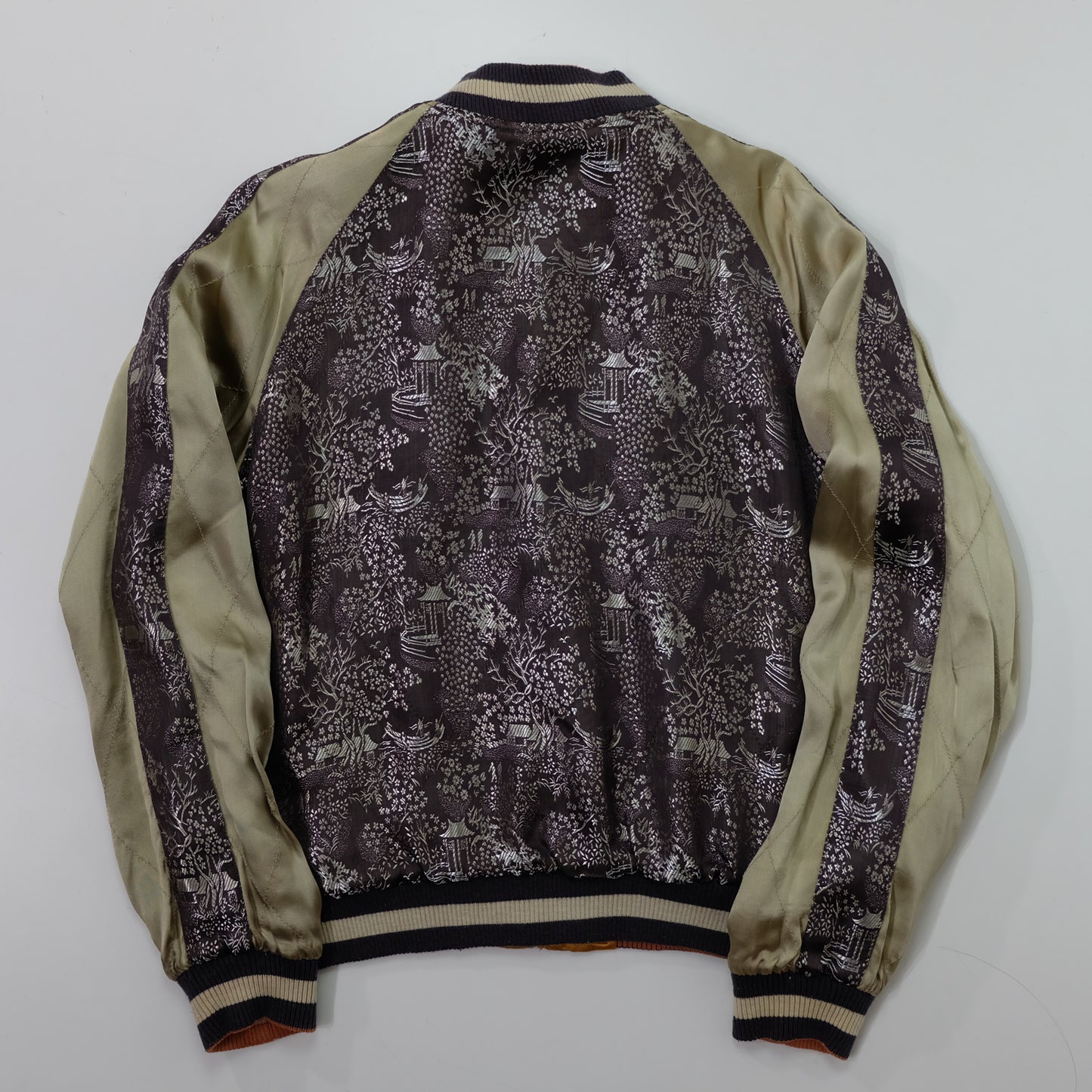 Vintage Japanese Reversible Sukajan Jacket | Golden Minogame Turtle Pine Water Embroidery × Brocade Landscape Souvenir Bomber | Size S