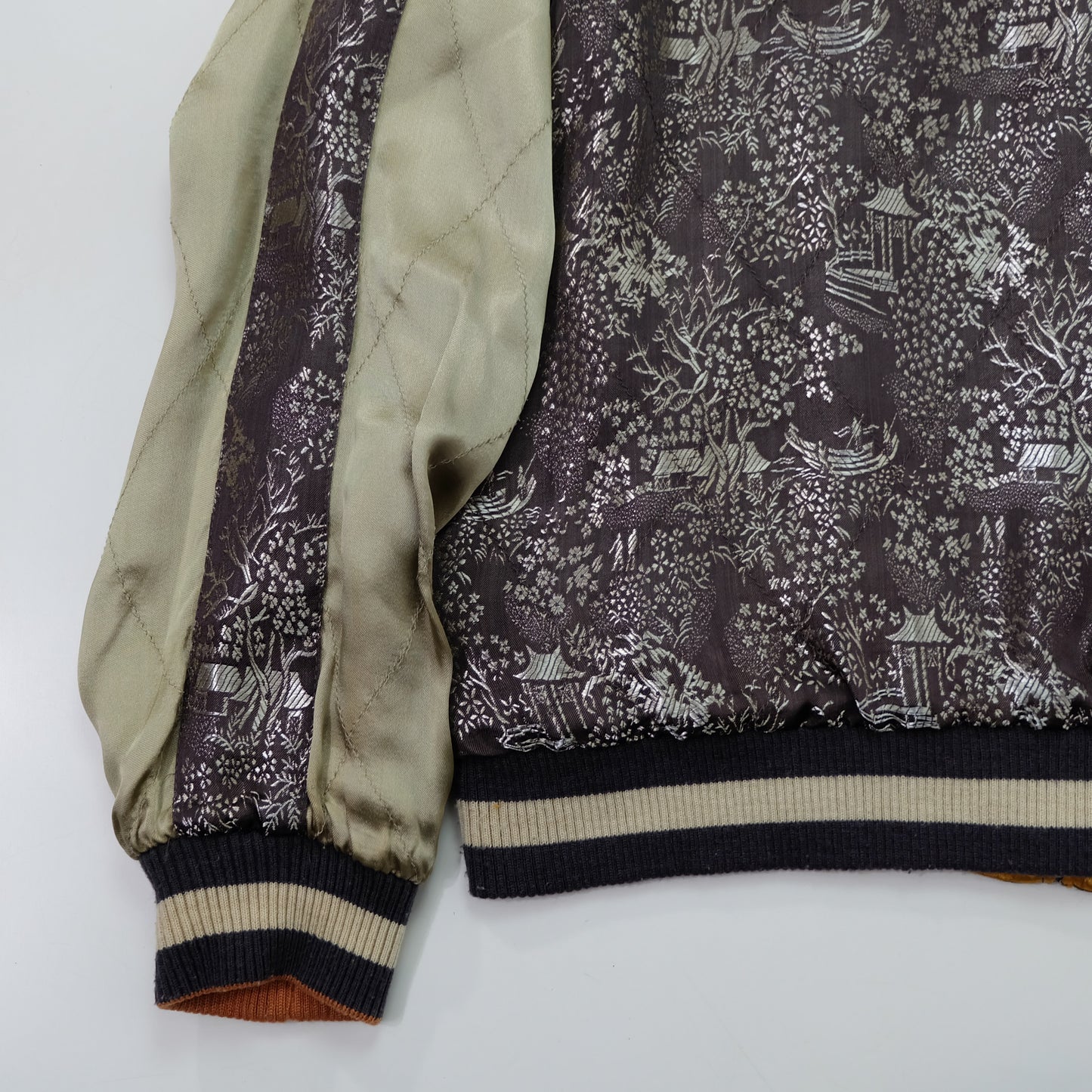 Vintage Japanese Reversible Sukajan Jacket | Golden Minogame Turtle Pine Water Embroidery × Brocade Landscape Souvenir Bomber | Size S