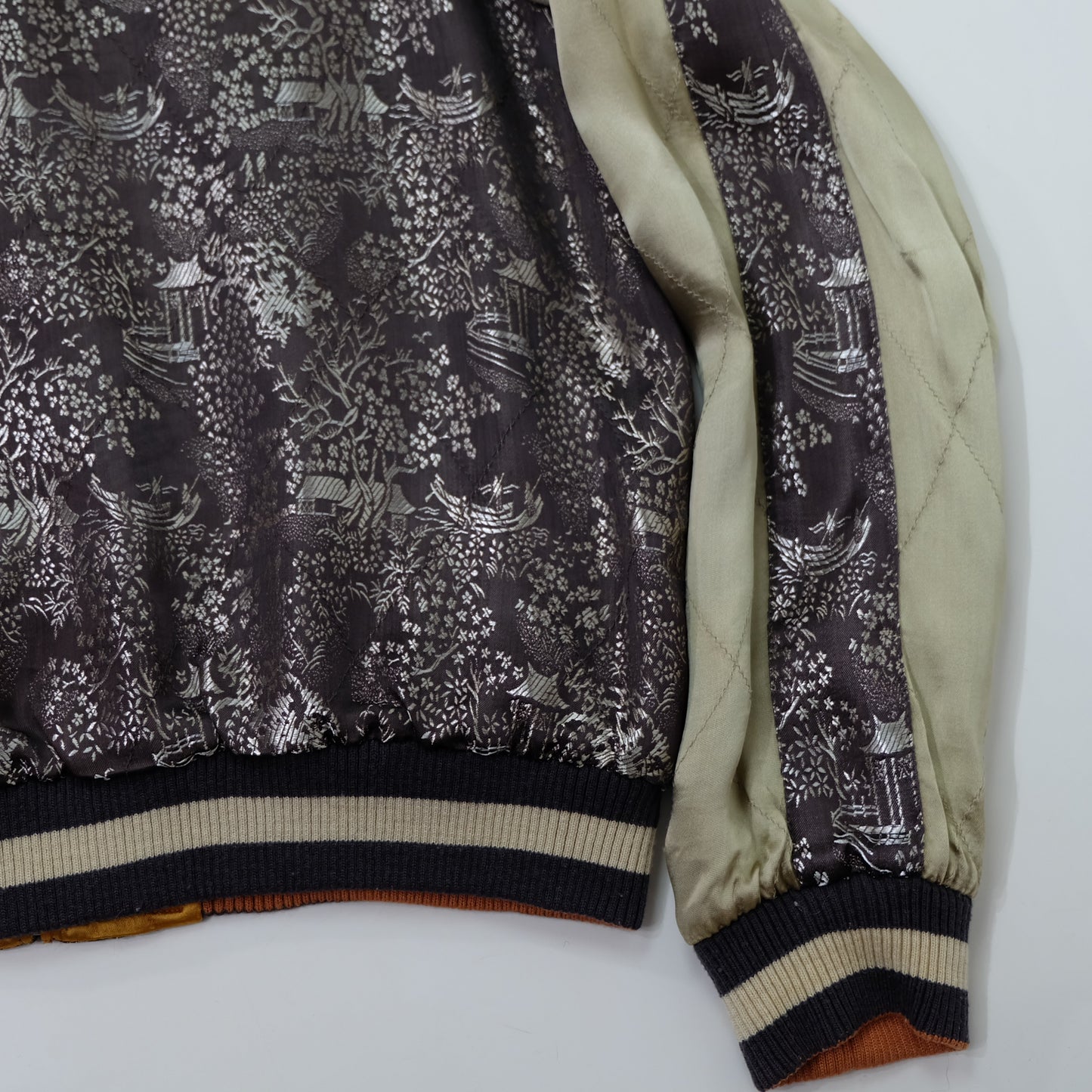 Vintage Japanese Reversible Sukajan Jacket | Golden Minogame Turtle Pine Water Embroidery × Brocade Landscape Souvenir Bomber | Size S