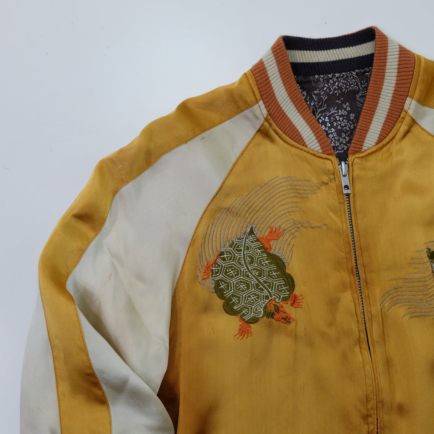 Vintage Japanese Reversible Sukajan Jacket | Golden Minogame Turtle Pine Water Embroidery × Brocade Landscape Souvenir Bomber | Size S