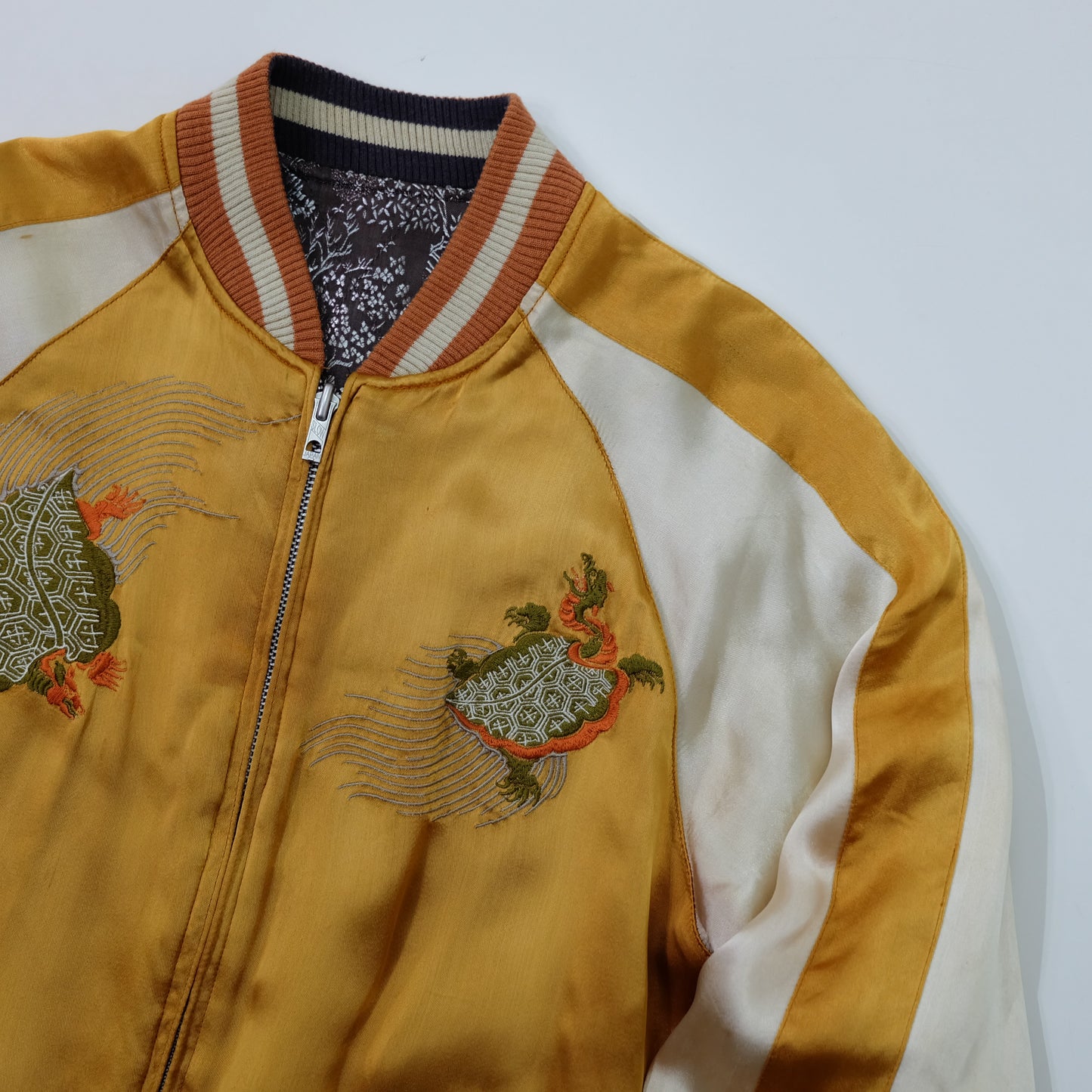 Vintage Japanese Reversible Sukajan Jacket | Golden Minogame Turtle Pine Water Embroidery × Brocade Landscape Souvenir Bomber | Size S