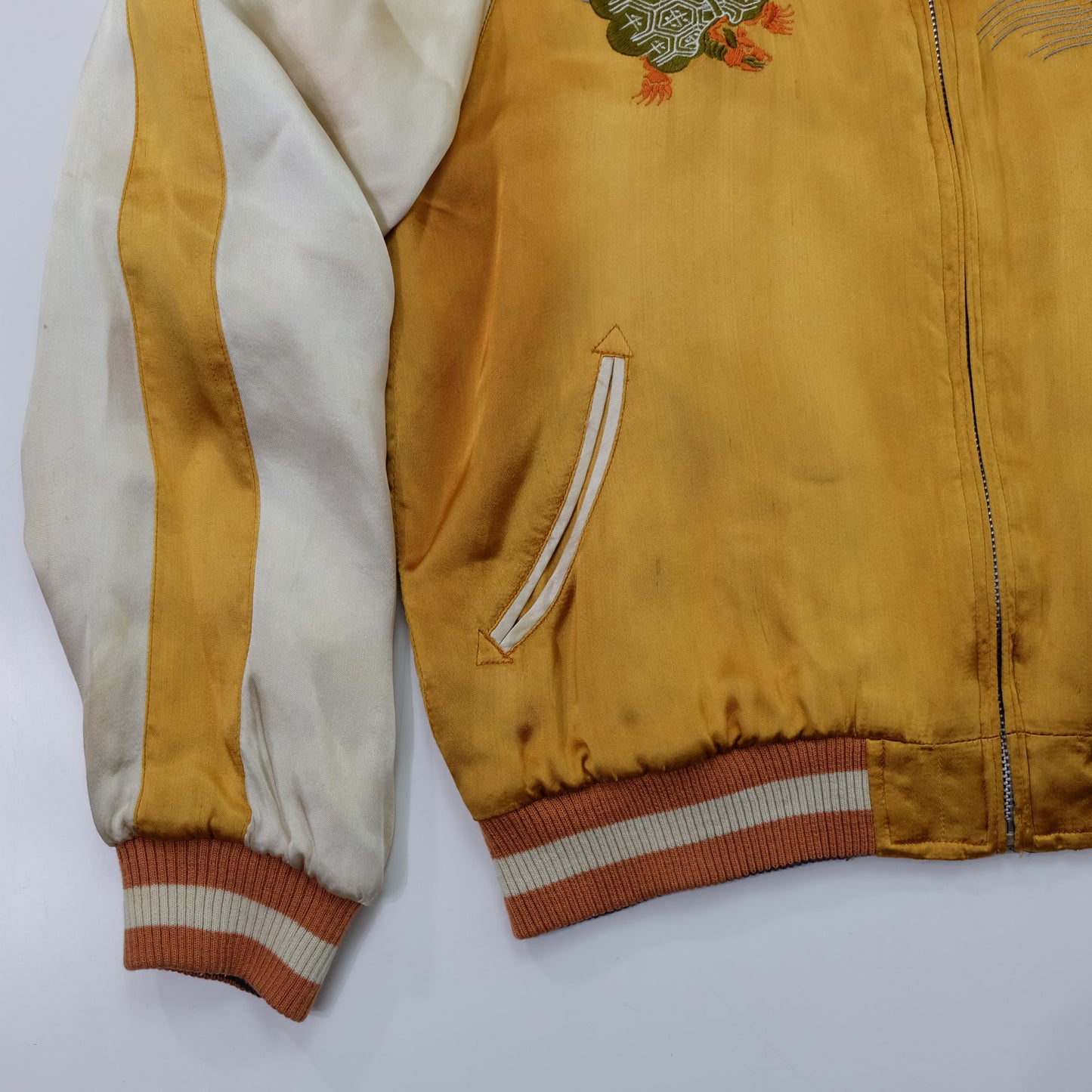 Vintage Japanese Reversible Sukajan Jacket | Golden Minogame Turtle Pine Water Embroidery × Brocade Landscape Souvenir Bomber | Size S