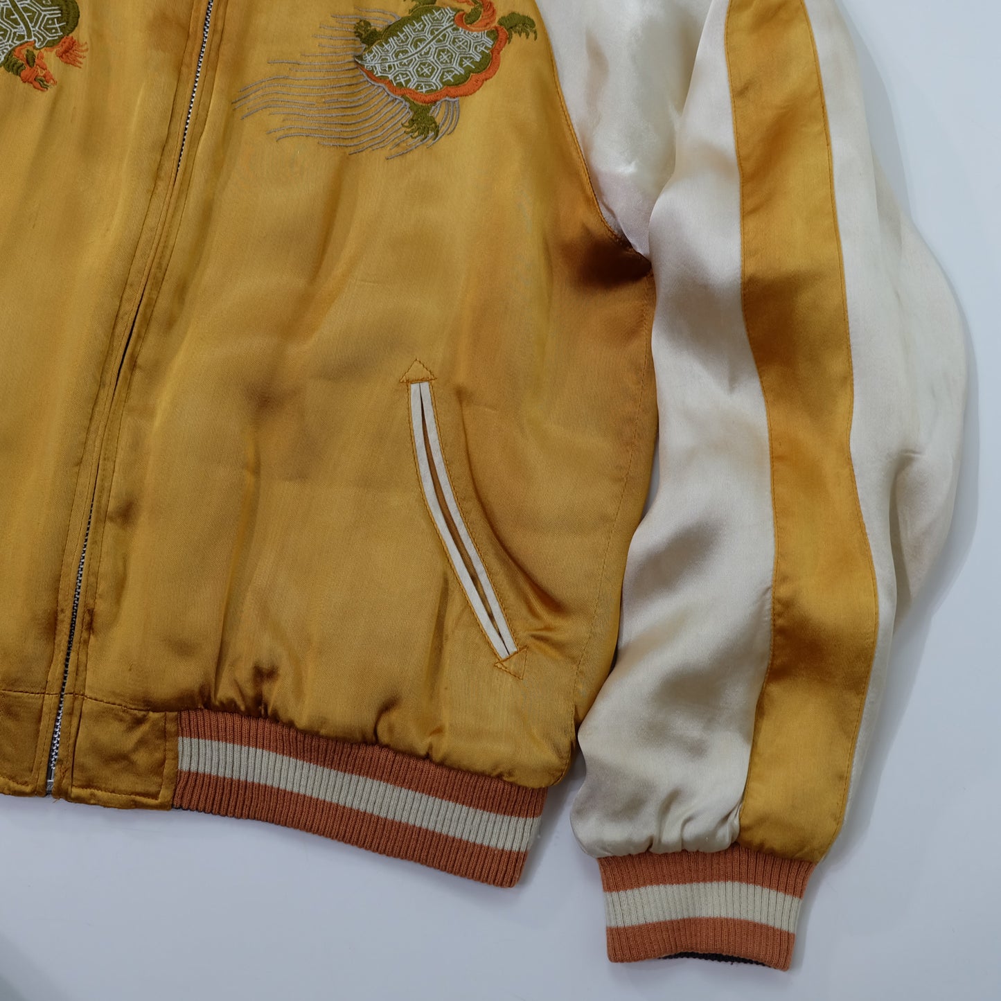 Vintage Japanese Reversible Sukajan Jacket | Golden Minogame Turtle Pine Water Embroidery × Brocade Landscape Souvenir Bomber | Size S