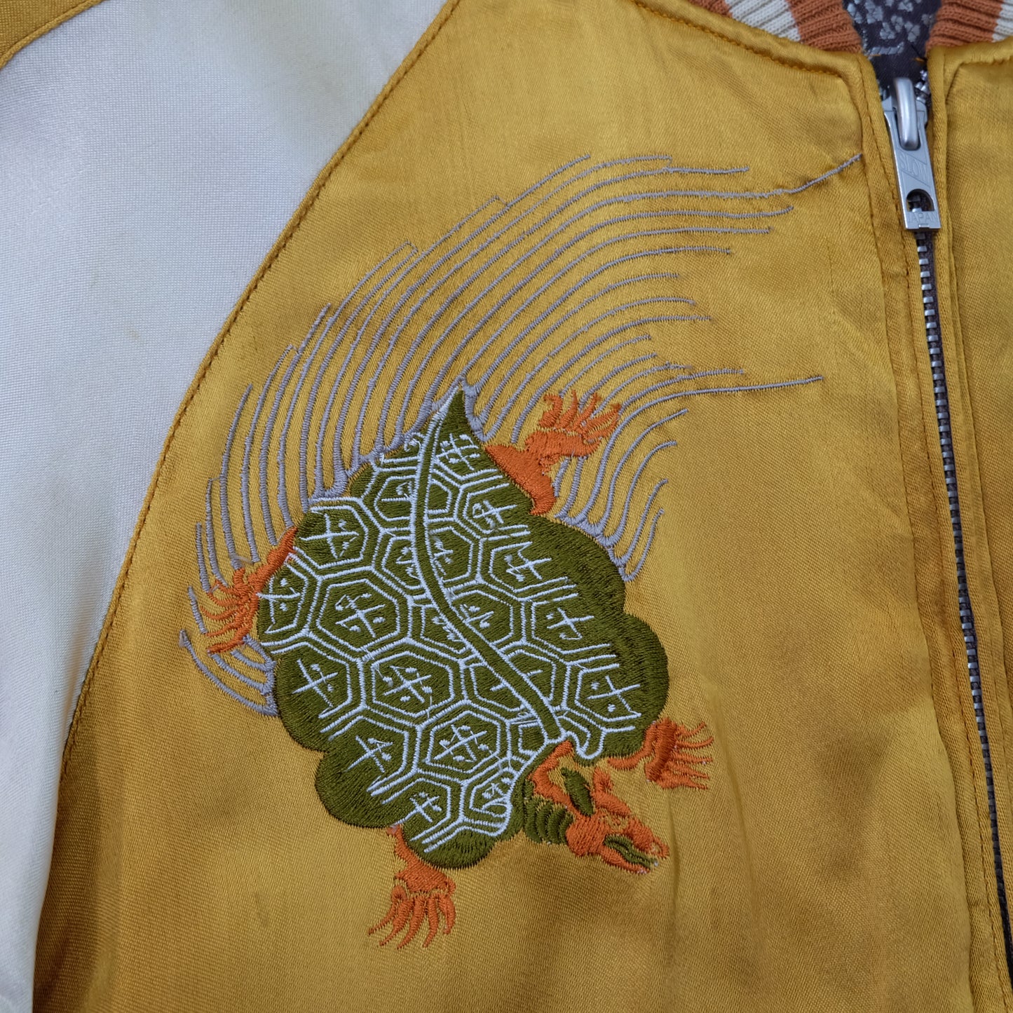 Vintage Japanese Reversible Sukajan Jacket | Golden Minogame Turtle Pine Water Embroidery × Brocade Landscape Souvenir Bomber | Size S