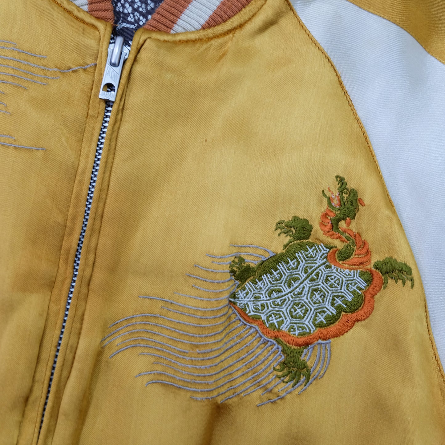 Vintage Japanese Reversible Sukajan Jacket | Golden Minogame Turtle Pine Water Embroidery × Brocade Landscape Souvenir Bomber | Size S