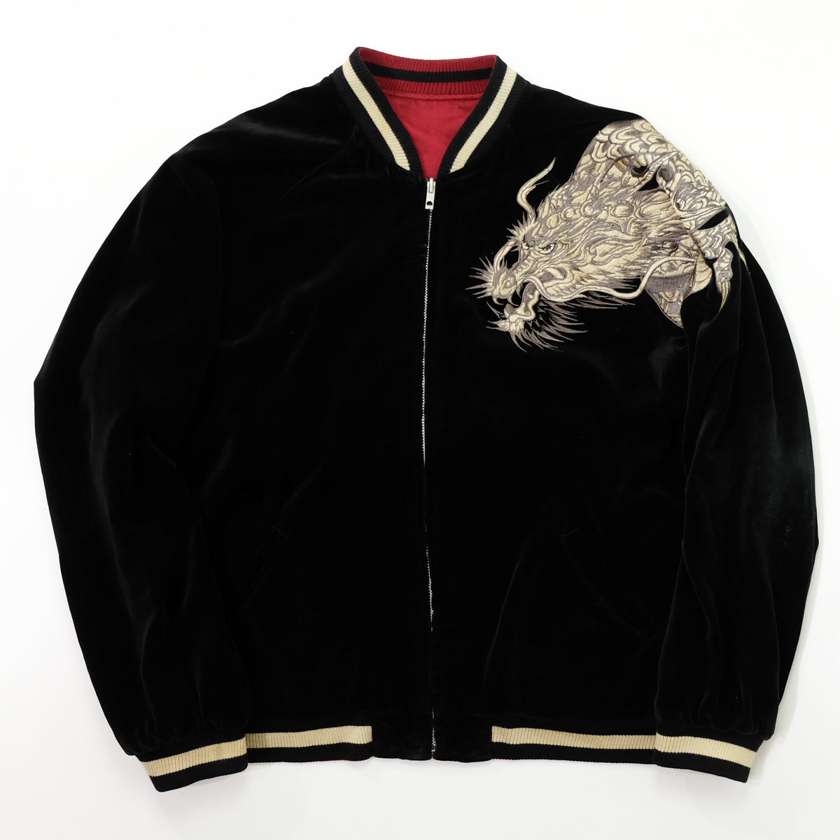 CROWS × WORST Kuzugami Tatsuo Dragon Velvet Reversible Sukajan Jacket | Black Gold Dragon × Red Satin | Japanese Manga Streetwear | Size L