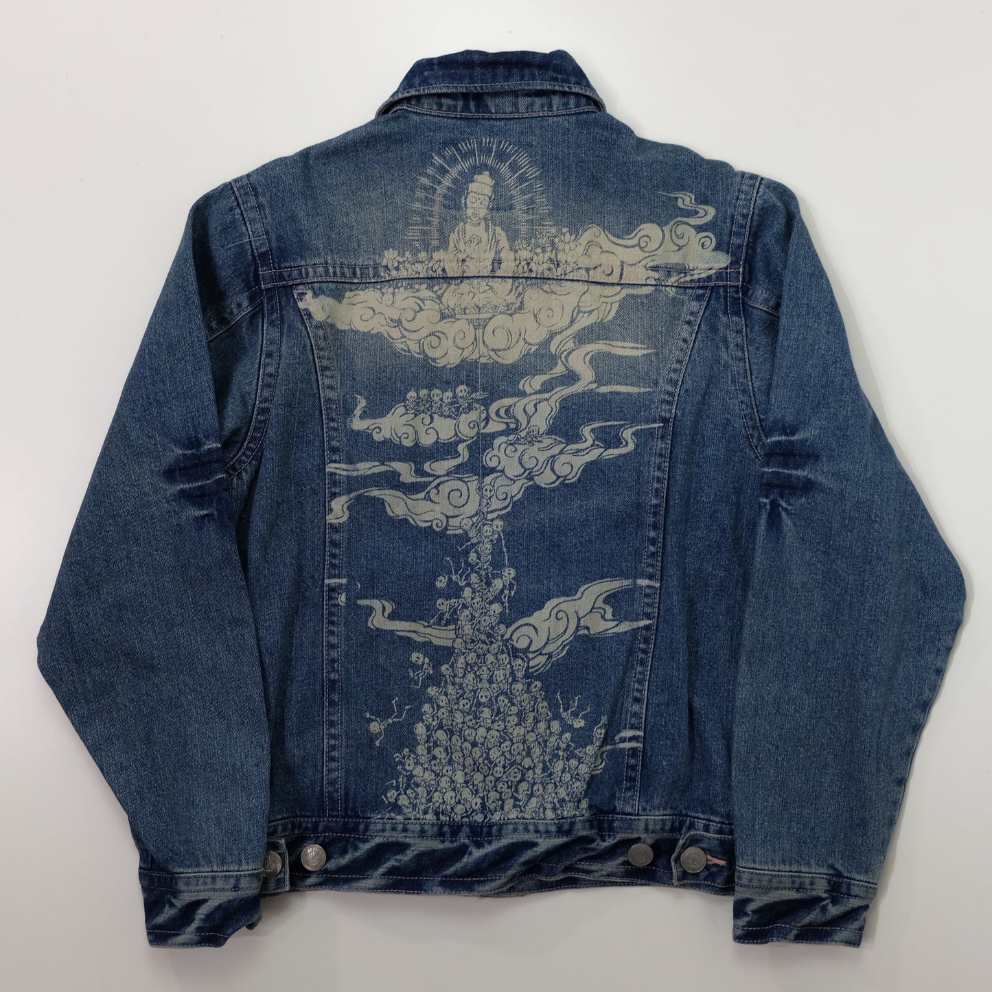 Japanese Wagara Buddha & Skull Memento Mori Denim Jacket | Buddhist Nirvana Skeleton Cloud Art Japanese Jeans Trucker Jacket | Size L