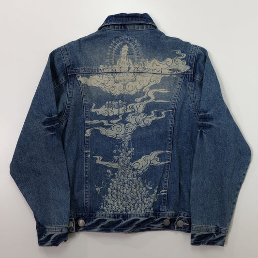 Japanese Wagara Buddha & Skull Memento Mori Denim Jacket | Buddhist Nirvana Skeleton Cloud Art Japanese Jeans Trucker Jacket | Size L