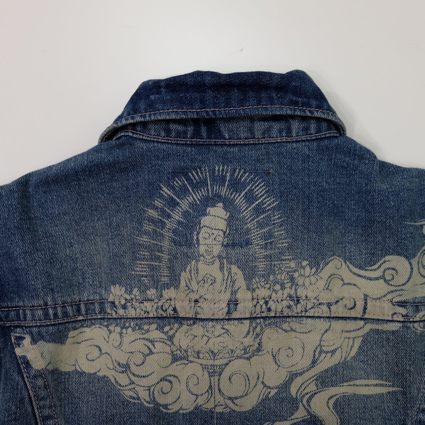 Japanese Wagara Buddha & Skull Memento Mori Denim Jacket | Buddhist Nirvana Skeleton Cloud Art Japanese Jeans Trucker Jacket | Size L
