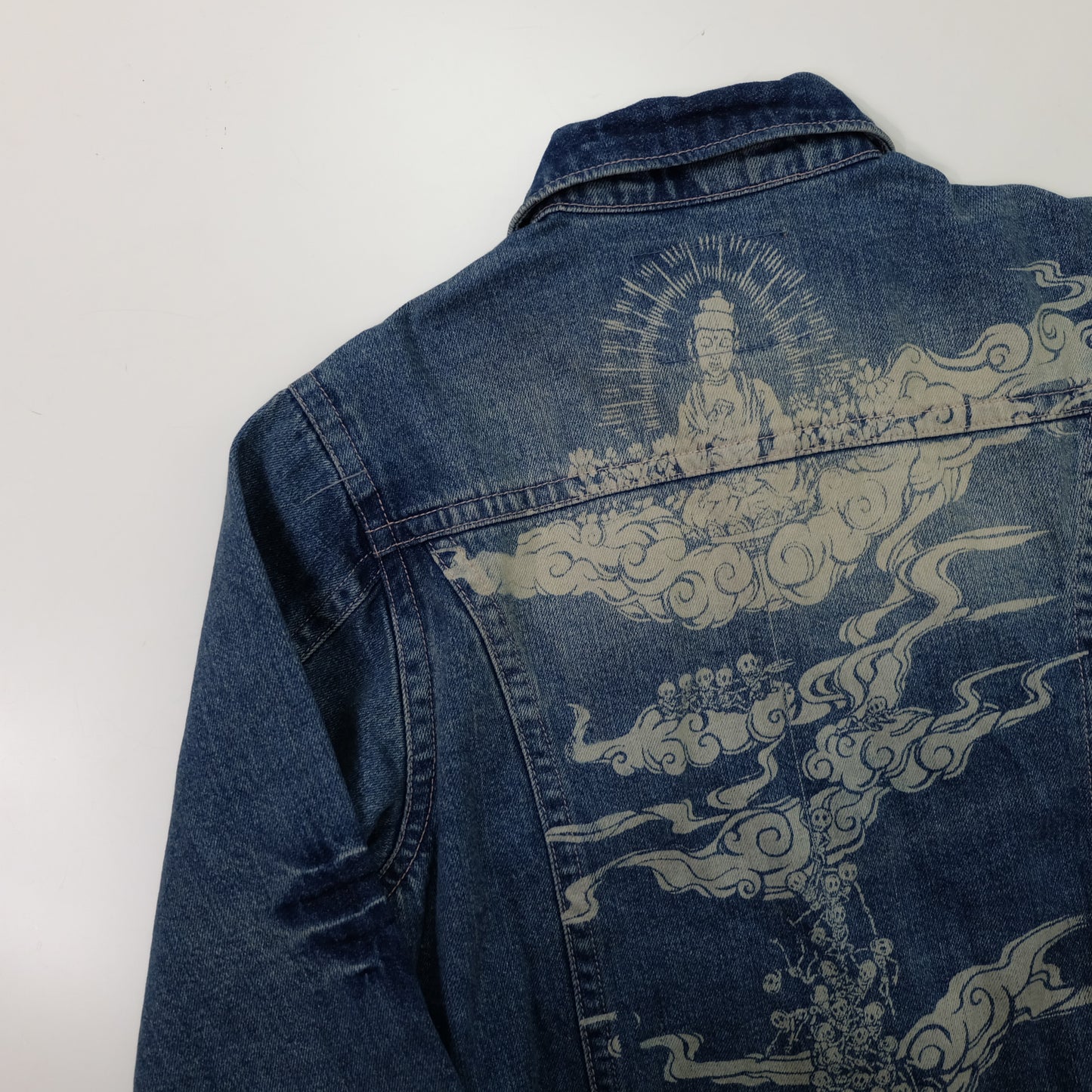 Japanese Wagara Buddha & Skull Memento Mori Denim Jacket | Buddhist Nirvana Skeleton Cloud Art Japanese Jeans Trucker Jacket | Size L