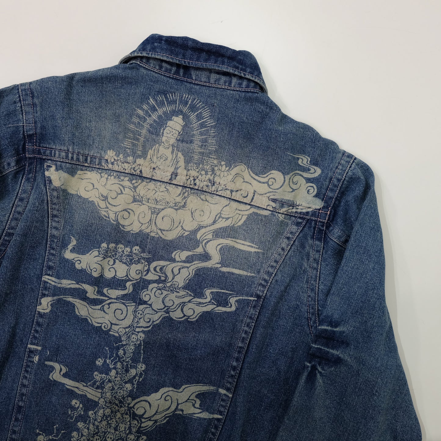 Japanese Wagara Buddha & Skull Memento Mori Denim Jacket | Buddhist Nirvana Skeleton Cloud Art Japanese Jeans Trucker Jacket | Size L