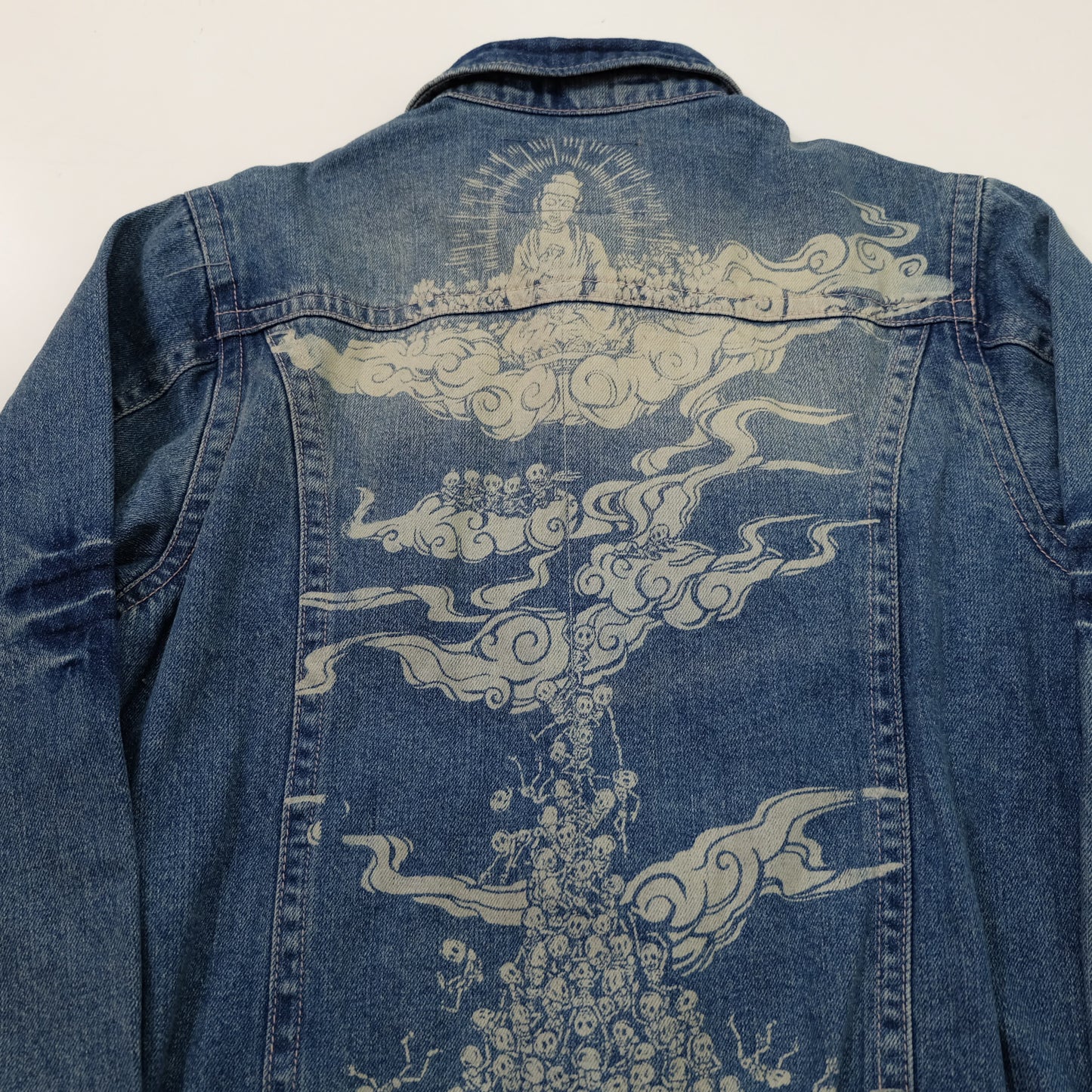 Japanese Wagara Buddha & Skull Memento Mori Denim Jacket | Buddhist Nirvana Skeleton Cloud Art Japanese Jeans Trucker Jacket | Size L