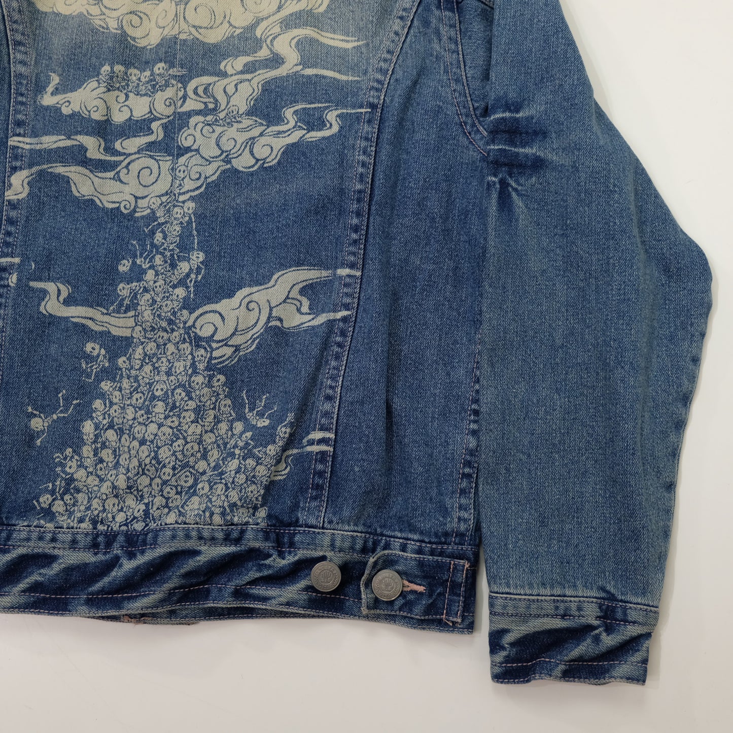 Japanese Wagara Buddha & Skull Memento Mori Denim Jacket | Buddhist Nirvana Skeleton Cloud Art Japanese Jeans Trucker Jacket | Size L