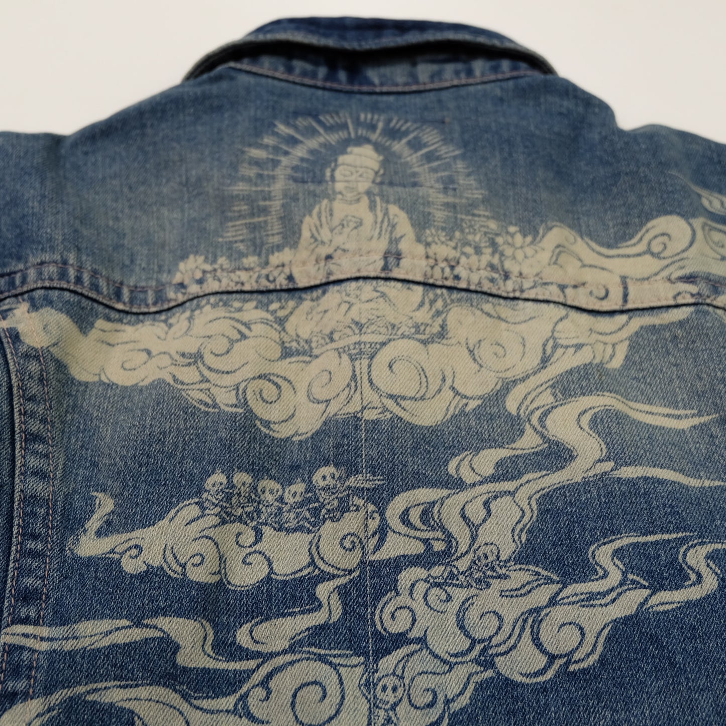 Japanese Wagara Buddha & Skull Memento Mori Denim Jacket | Buddhist Nirvana Skeleton Cloud Art Japanese Jeans Trucker Jacket | Size L