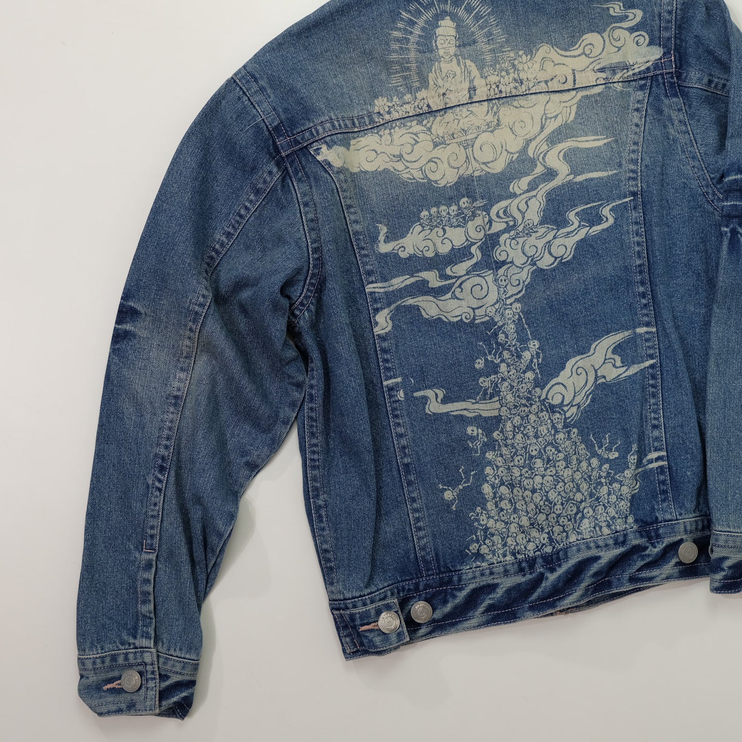 Japanese Wagara Buddha & Skull Memento Mori Denim Jacket | Buddhist Nirvana Skeleton Cloud Art Japanese Jeans Trucker Jacket | Size L