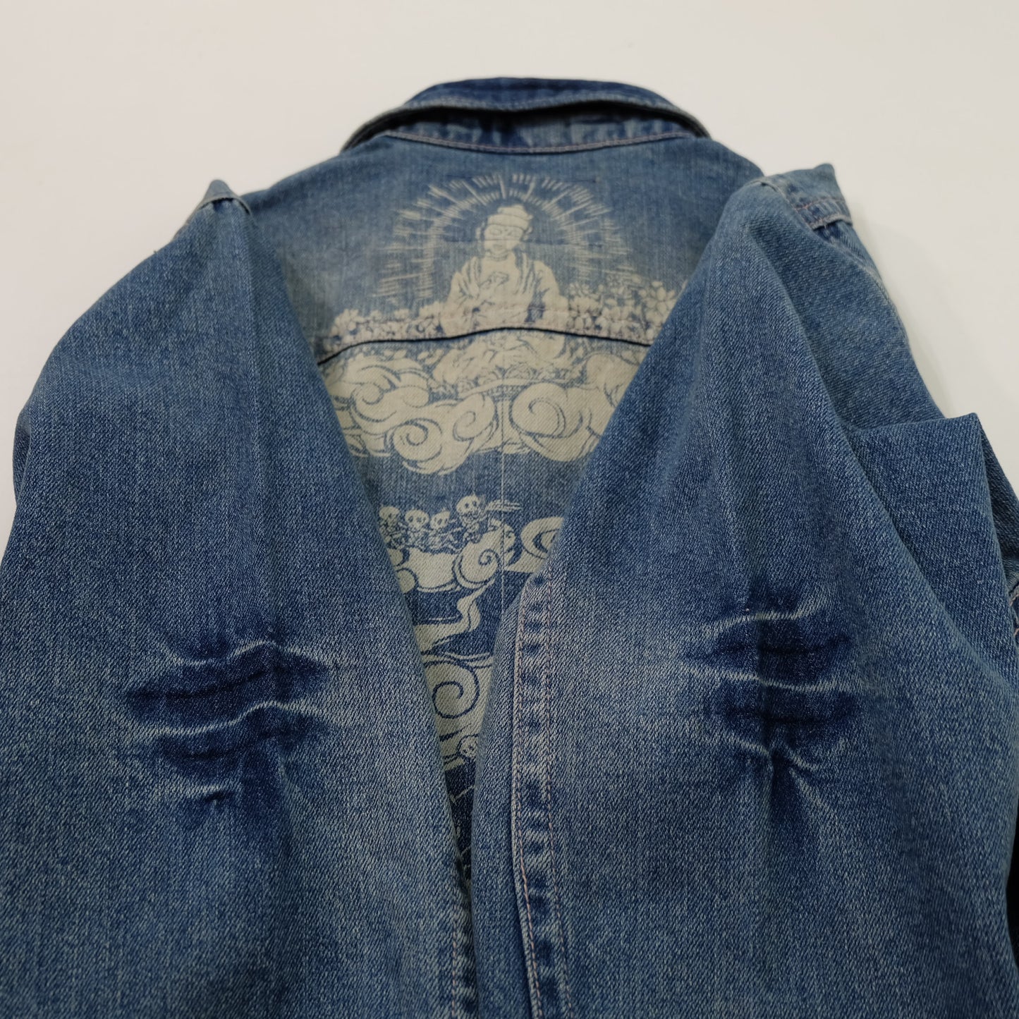 Japanese Wagara Buddha & Skull Memento Mori Denim Jacket | Buddhist Nirvana Skeleton Cloud Art Japanese Jeans Trucker Jacket | Size L