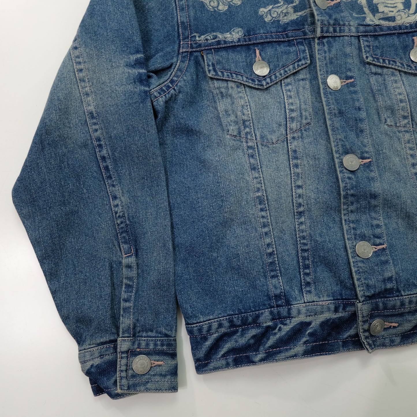 Japanese Wagara Buddha & Skull Memento Mori Denim Jacket | Buddhist Nirvana Skeleton Cloud Art Japanese Jeans Trucker Jacket | Size L