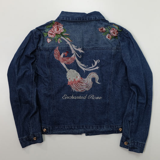 Japanese Enchanted Rose Phoenix Embroidered Denim Jacket | Wagara Bird Floral Jean Trucker Jacket | Free Size M–L