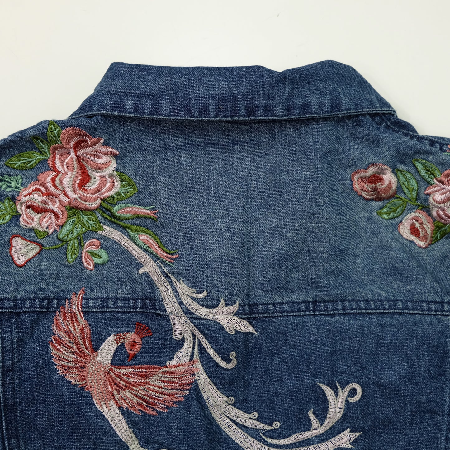 Japanese Enchanted Rose Phoenix Embroidered Denim Jacket | Wagara Bird Floral Jean Trucker Jacket | Free Size M–L