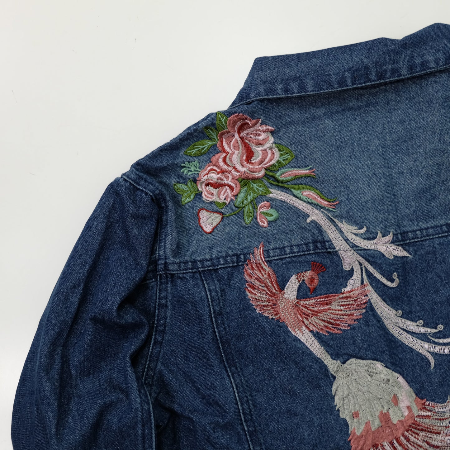 Japanese Enchanted Rose Phoenix Embroidered Denim Jacket | Wagara Bird Floral Jean Trucker Jacket | Free Size M–L