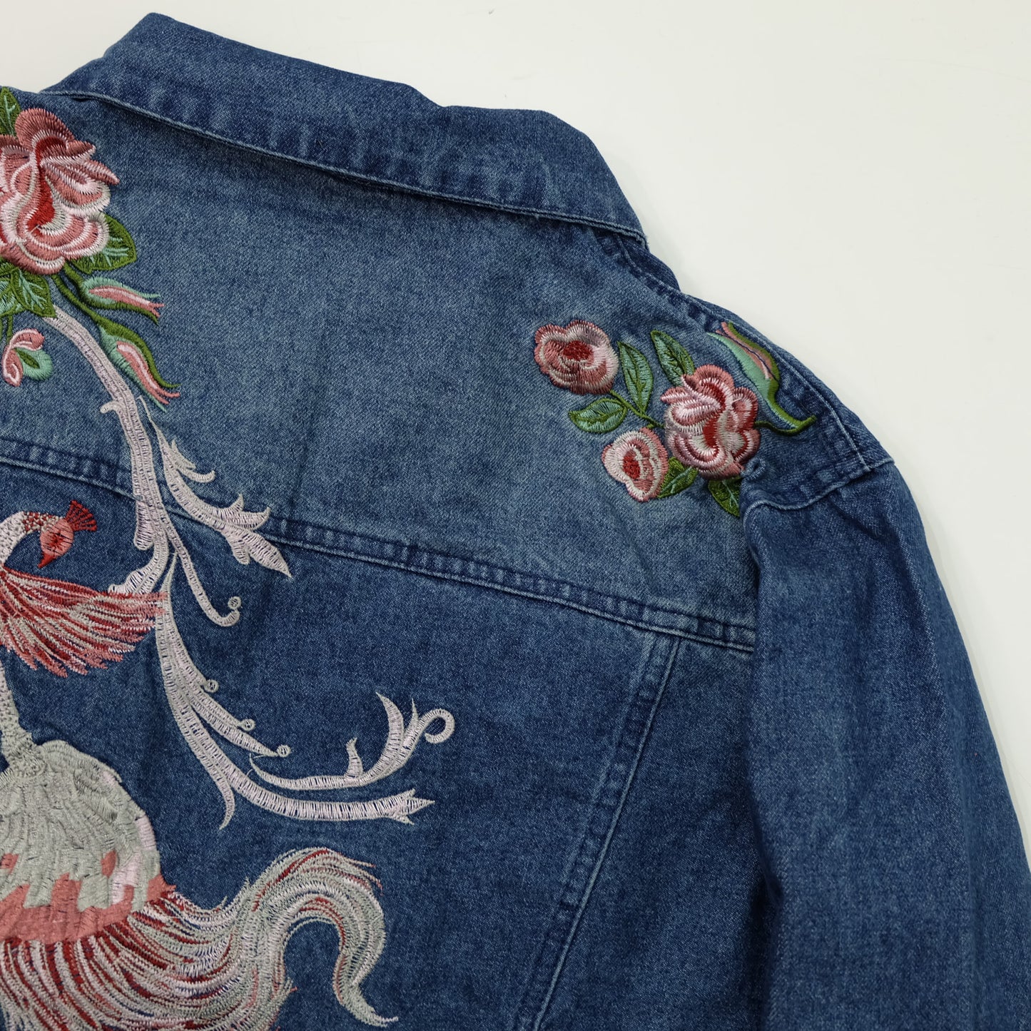Japanese Enchanted Rose Phoenix Embroidered Denim Jacket | Wagara Bird Floral Jean Trucker Jacket | Free Size M–L