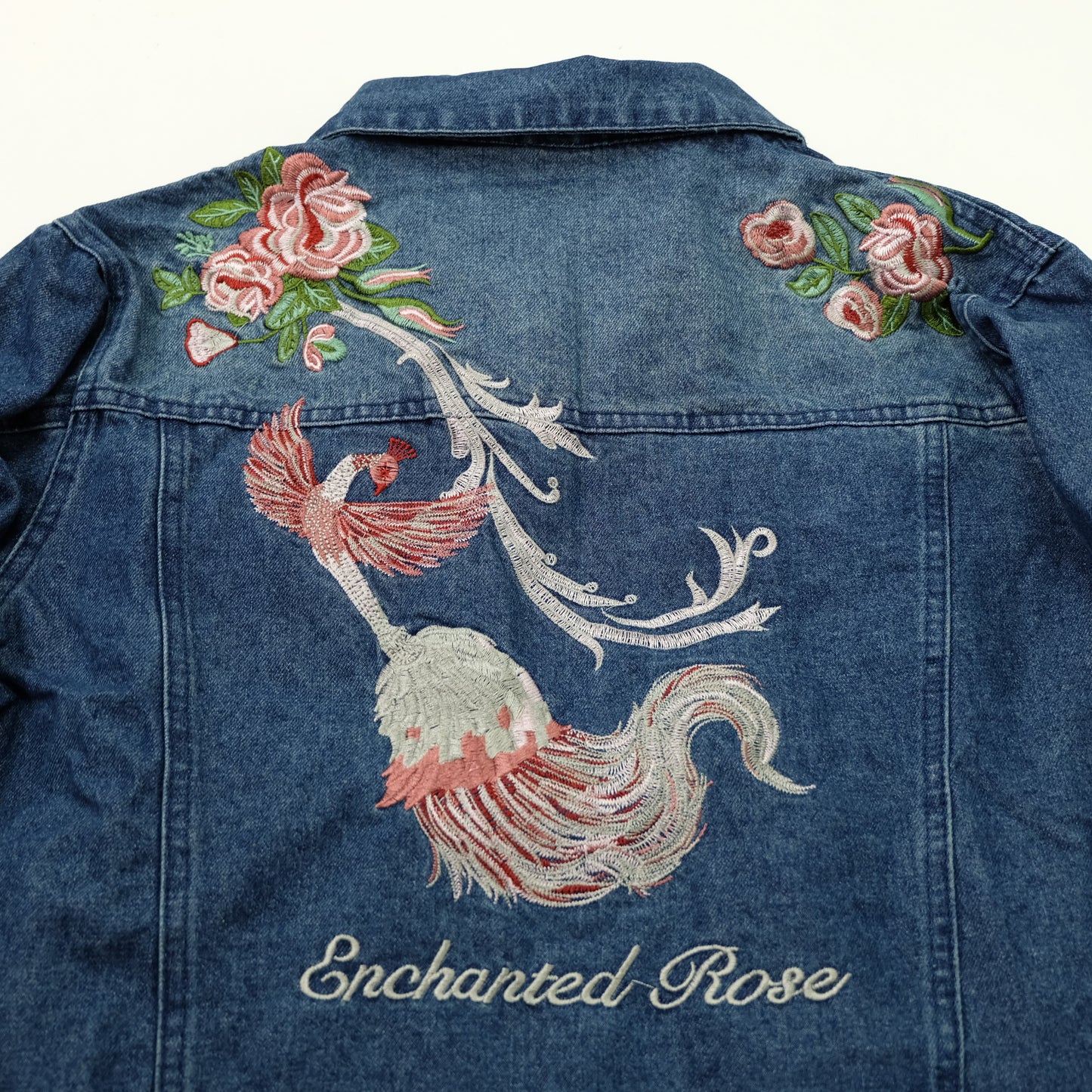 Japanese Enchanted Rose Phoenix Embroidered Denim Jacket | Wagara Bird Floral Jean Trucker Jacket | Free Size M–L