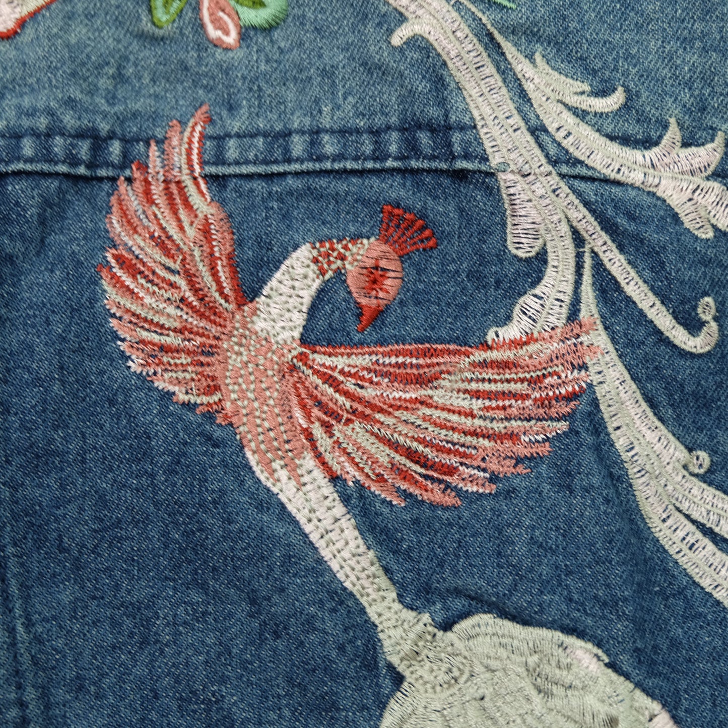 Japanese Enchanted Rose Phoenix Embroidered Denim Jacket | Wagara Bird Floral Jean Trucker Jacket | Free Size M–L