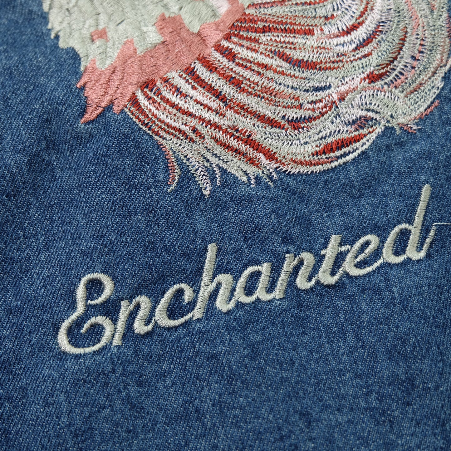 Japanese Enchanted Rose Phoenix Embroidered Denim Jacket | Wagara Bird Floral Jean Trucker Jacket | Free Size M–L