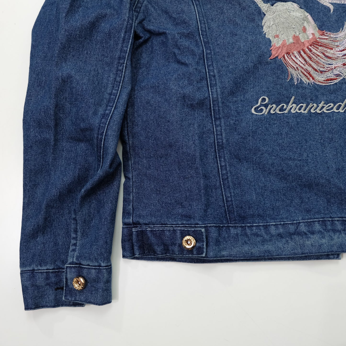 Japanese Enchanted Rose Phoenix Embroidered Denim Jacket | Wagara Bird Floral Jean Trucker Jacket | Free Size M–L
