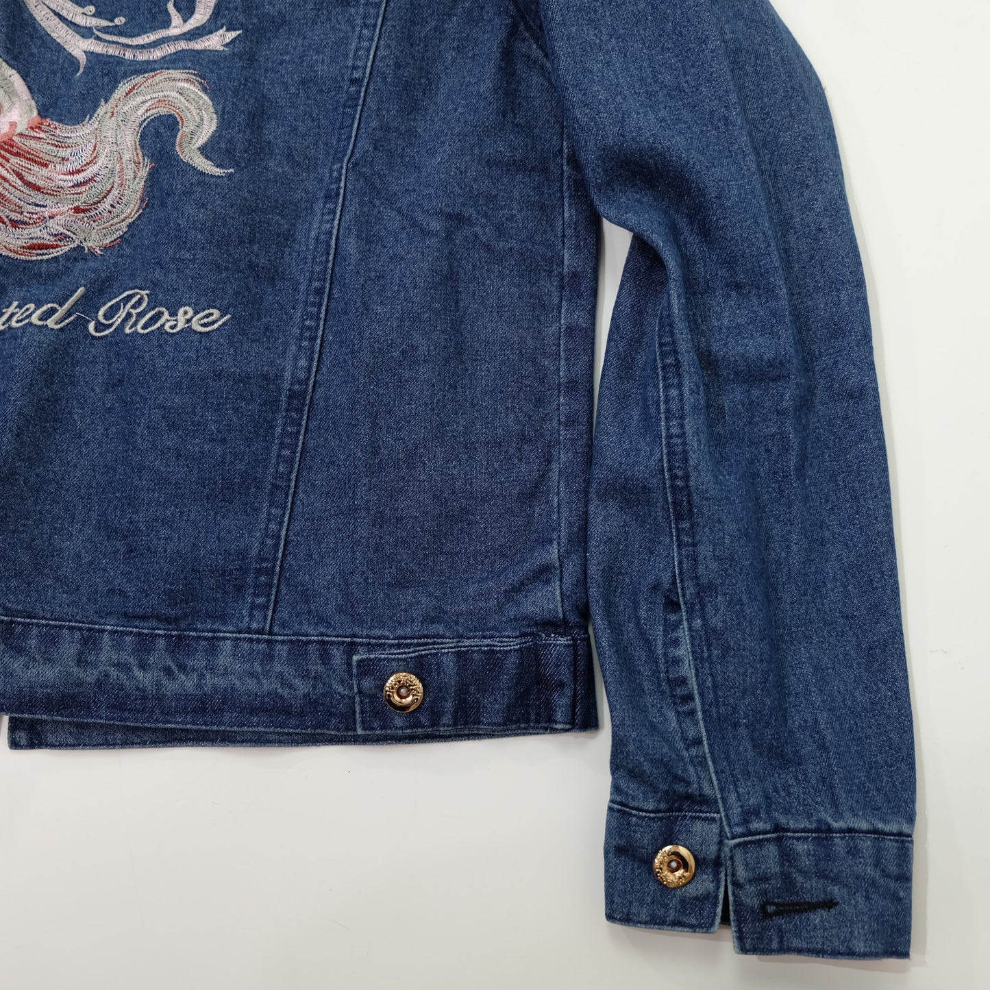 Japanese Enchanted Rose Phoenix Embroidered Denim Jacket | Wagara Bird Floral Jean Trucker Jacket | Free Size M–L