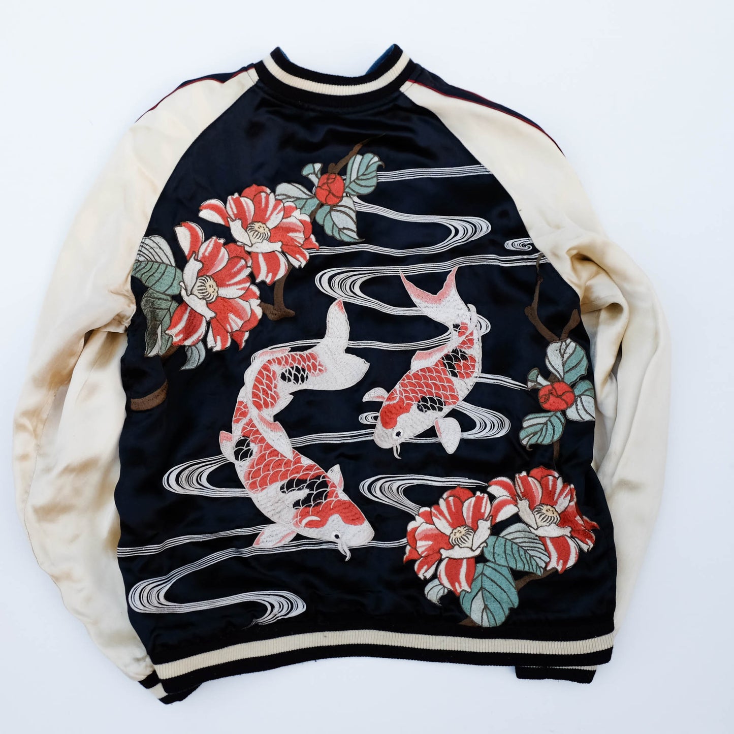 Vintage Reversible Sukajan Jacket Koi Fish Camellia Sakura Goldfish Embroidery Japanese Souvenir Bomber Size L