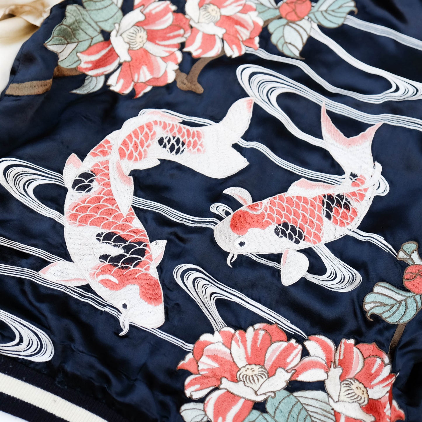 Vintage Reversible Sukajan Jacket Koi Fish Camellia Sakura Goldfish Embroidery Japanese Souvenir Bomber Size L