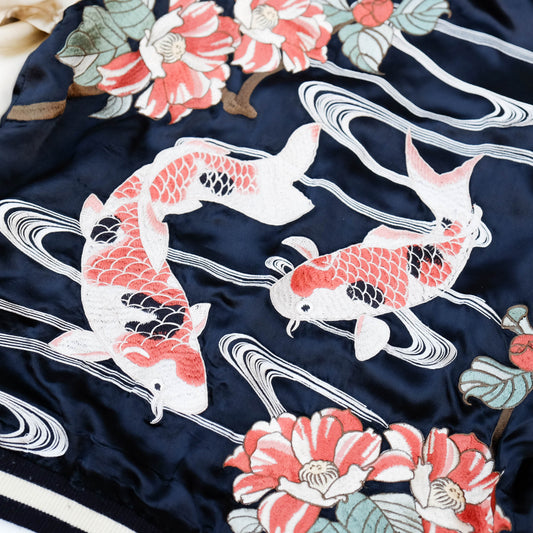 Vintage Reversible Sukajan Jacket Koi Fish Camellia Sakura Goldfish Embroidery Japanese Souvenir Bomber Size L