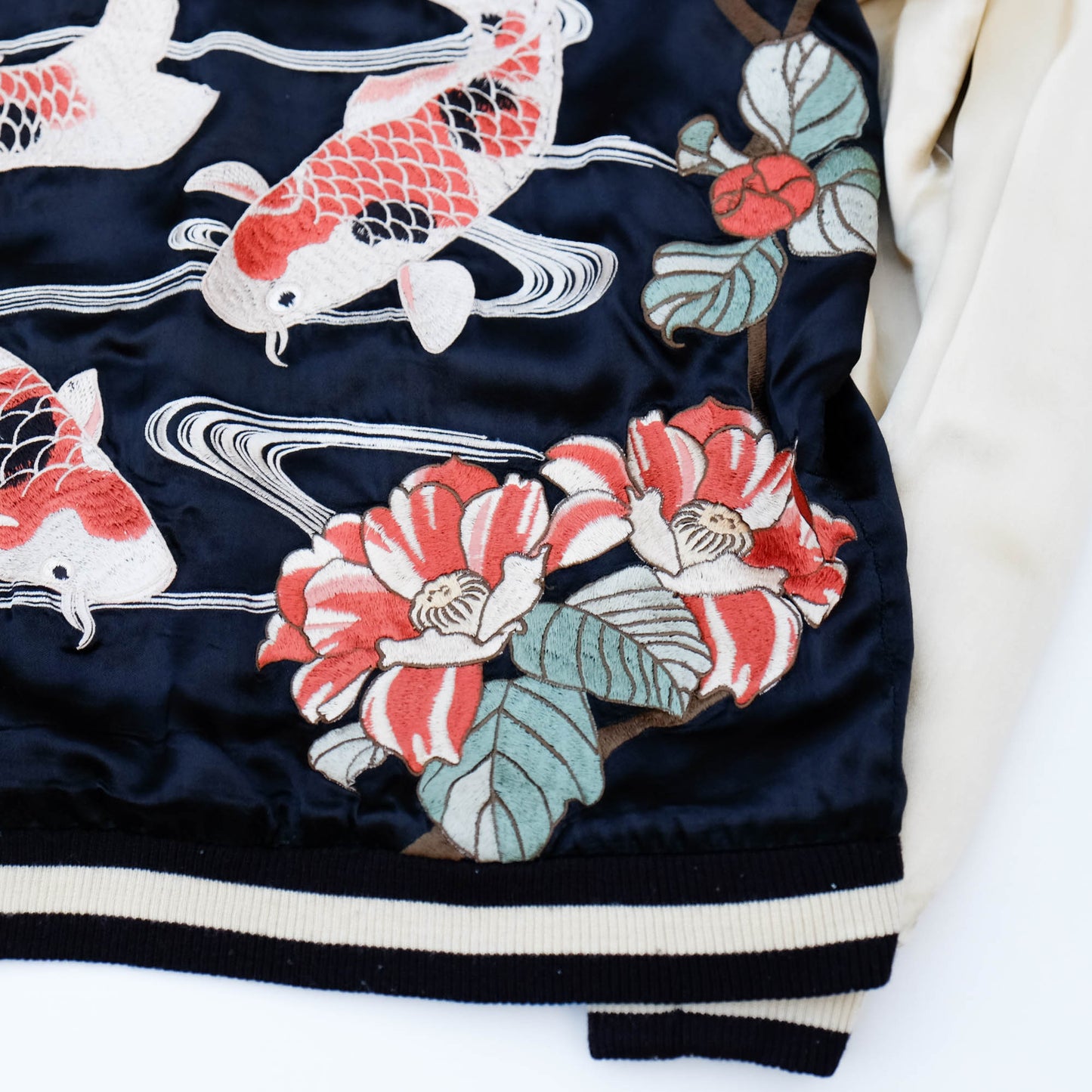 Vintage Reversible Sukajan Jacket Koi Fish Camellia Sakura Goldfish Embroidery Japanese Souvenir Bomber Size L