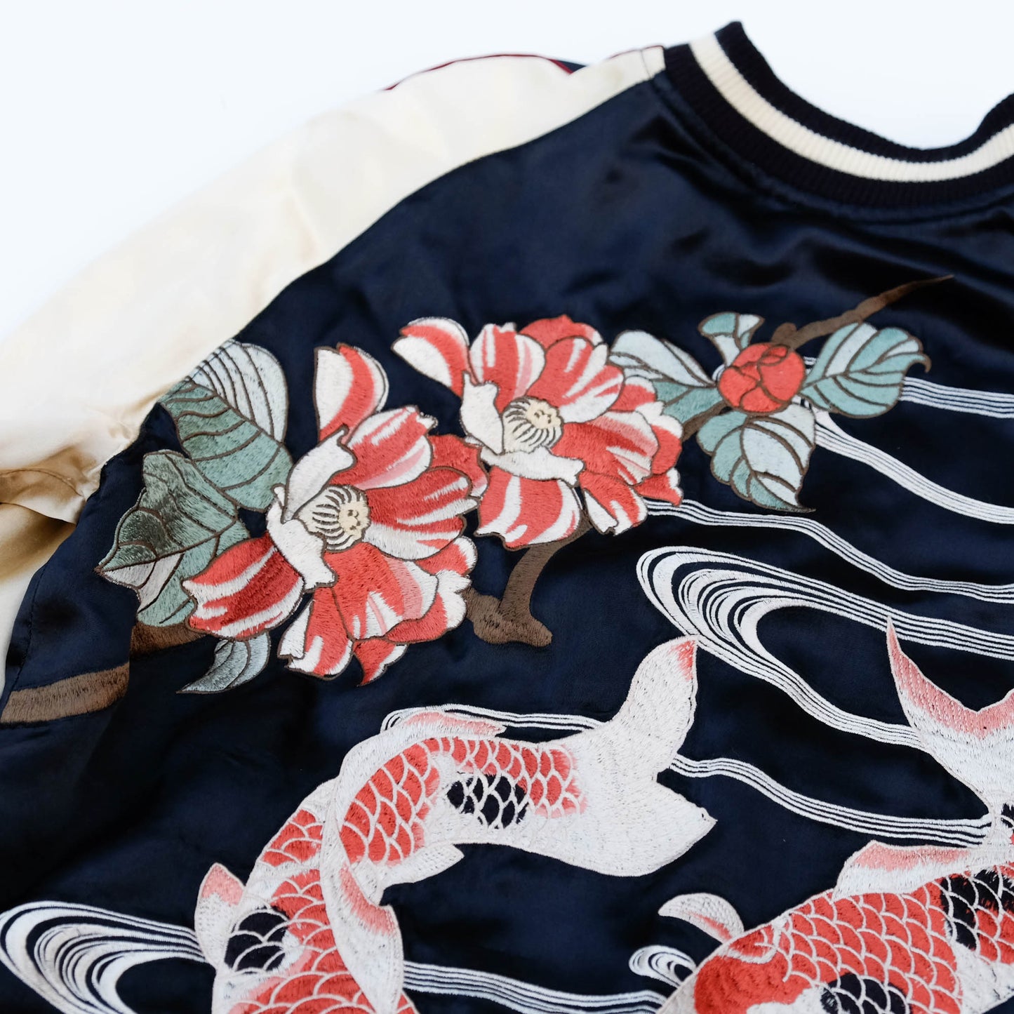 Vintage Reversible Sukajan Jacket Koi Fish Camellia Sakura Goldfish Embroidery Japanese Souvenir Bomber Size L