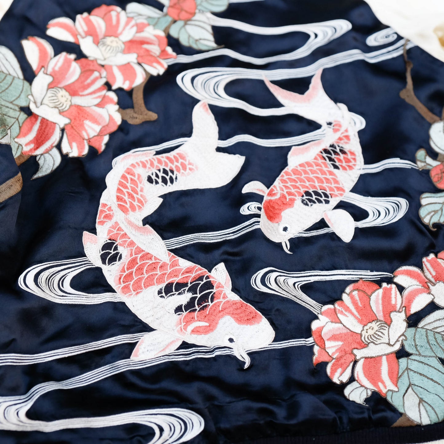 Vintage Reversible Sukajan Jacket Koi Fish Camellia Sakura Goldfish Embroidery Japanese Souvenir Bomber Size L