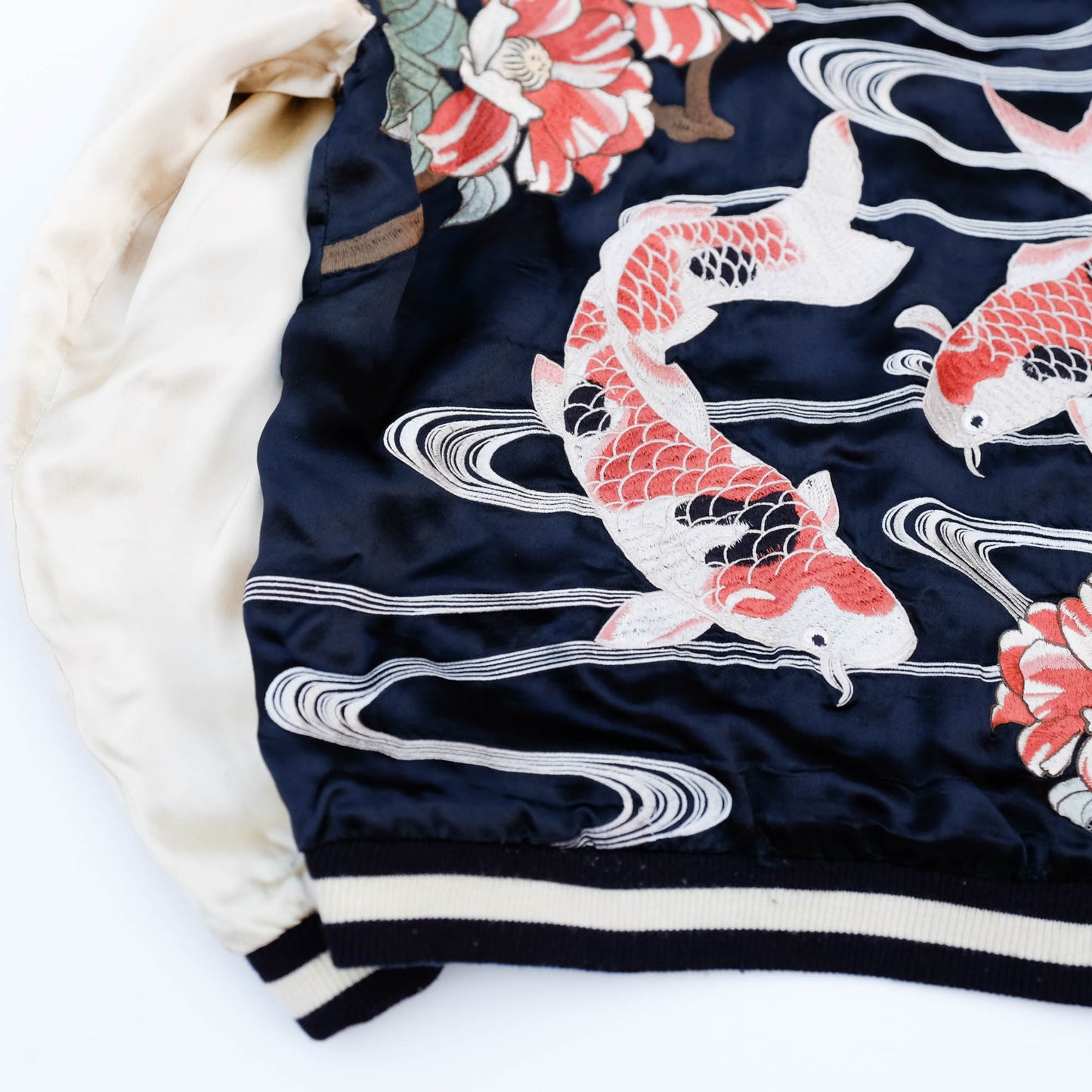 Vintage Reversible Sukajan Jacket Koi Fish Camellia Sakura Goldfish Embroidery Japanese Souvenir Bomber Size L