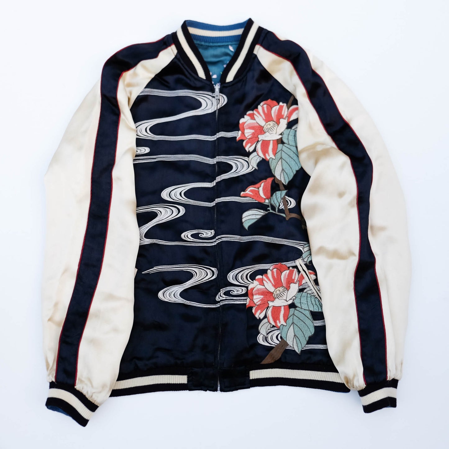 Vintage Reversible Sukajan Jacket Koi Fish Camellia Sakura Goldfish Embroidery Japanese Souvenir Bomber Size L