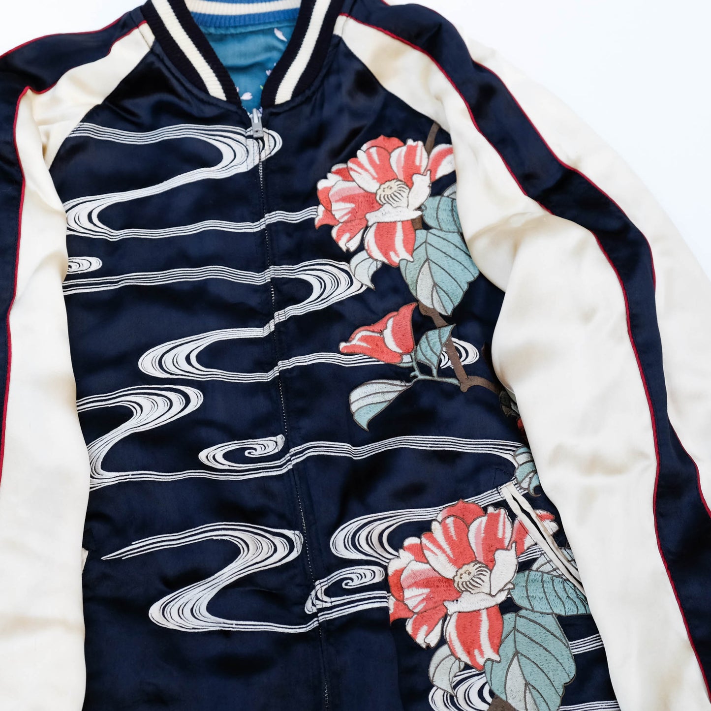 Vintage Reversible Sukajan Jacket Koi Fish Camellia Sakura Goldfish Embroidery Japanese Souvenir Bomber Size L