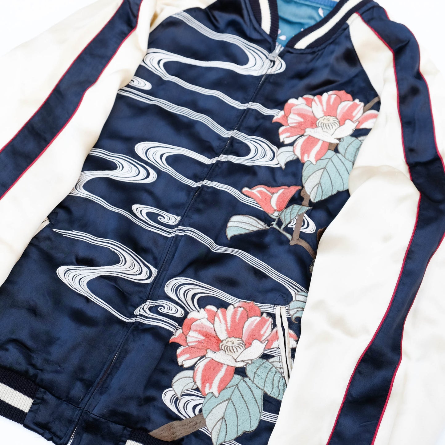 Vintage Reversible Sukajan Jacket Koi Fish Camellia Sakura Goldfish Embroidery Japanese Souvenir Bomber Size L