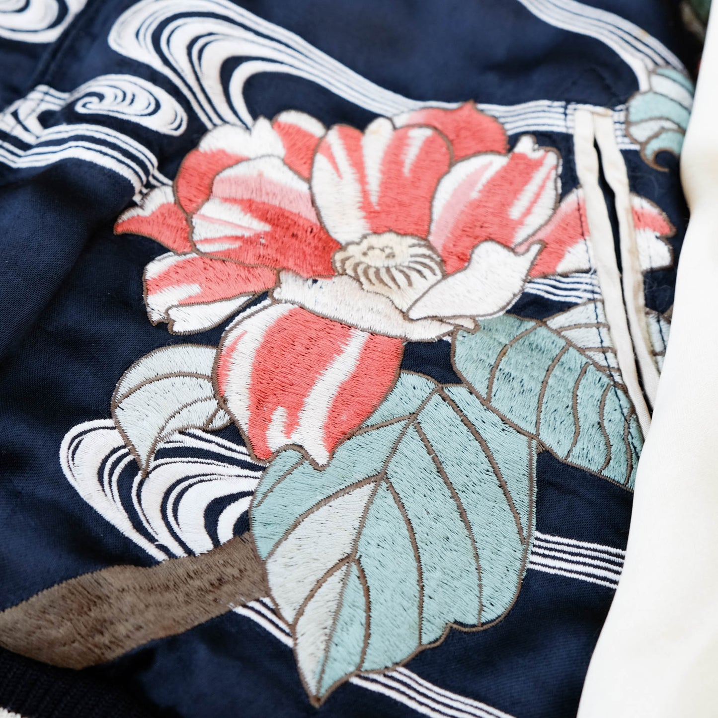 Vintage Reversible Sukajan Jacket Koi Fish Camellia Sakura Goldfish Embroidery Japanese Souvenir Bomber Size L