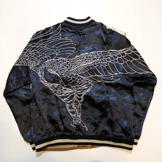 Black & Gold Tiger × Eagle Sukajan Jacket Japanese Souvenir Bomber Jacket with Kacho-Fugetsu Inspired Animal Embroidery Size L